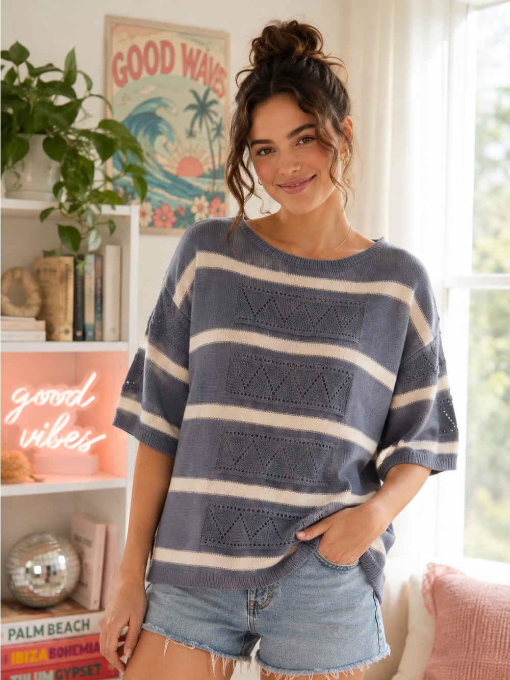 Vtg 80s Grandpa Core Striped Knit Top